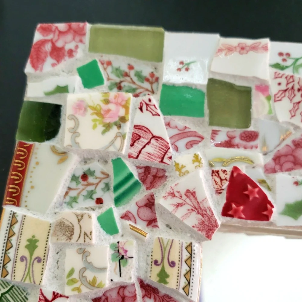 Hand Crafted Mosaic Tile Wall Mirror - Multicolor, Greens,reds, And Whites